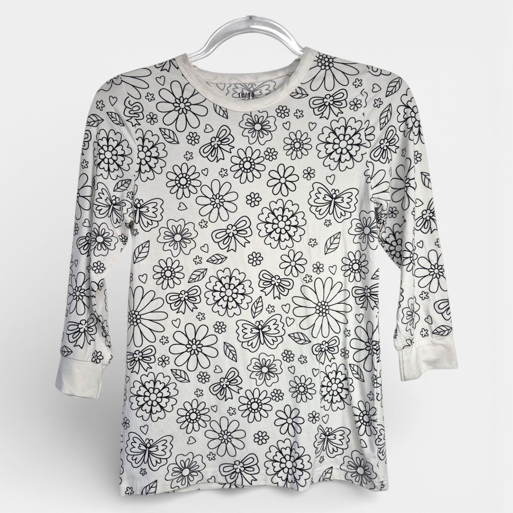 Bamboo Viscose Floral Butterfly Print Long‎ Sleeve Top White Black Size 16/18
